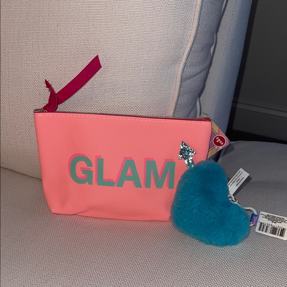 GLAM Cosmetic Pouch with Teal Heart faux fur Pom Pom bag charm/key holder NWT